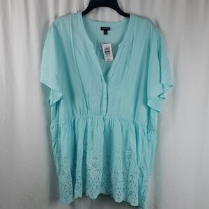 Torrid 3X Aqua Babydoll Embroidered Tiered Top